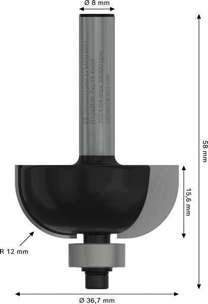 8000341720 - Detailbild_Hohlkehlfräser Arbeits-L.16mm D.36,7mm L.58mm Radius 12mm Schaft 8mm BOSCH