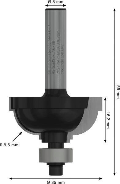 8000343557 - Detailbild_Profilfräser F Arbeits-L.16,5mm D.35mm L.59mm Schaft 8mm Radius 9,5mm BOSCH
