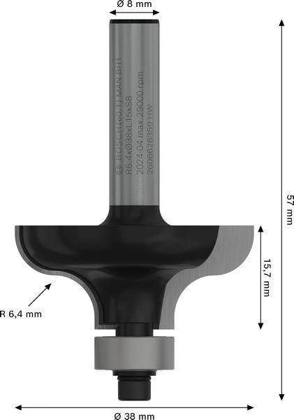 8000343559 - Detailbild_Profilfräser G Arbeits-L.16mm D.38mm L.57mm Schaft 8mm Radius 6,35mm BOSCH