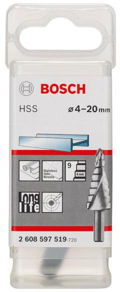 8000346174 - Detailbild4_Stufenbohrer Stufen-D.4-20mm Schaft-D.8mm L.75mm HSS blank 9 Stufen BOSCH