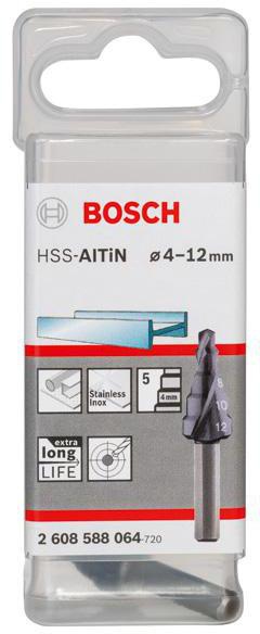 8000346177 - Detailbild_Stufenbohrer Stufen-D.4-12mm Schaft-D.6mm L.50mm HSS AlTiN-besch. 5 Stufen BOSCH
