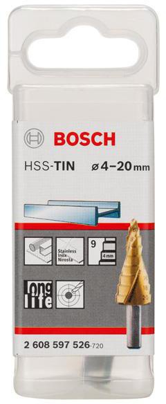 8000346188 - Detailbild3_Stufenbohrer Stufen-D.4-20mm Schaft-D.8mm L.75mm HSS TiN-besch. 9 Stufen BOSCH