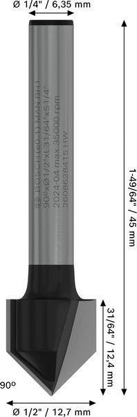 8000740070 - Detailbild2_V-Nutfräser Arbeits-L.12,7mm D.12,7mm L.45mm Schaft 1/4Zoll Winkel 90Grad BOSCH