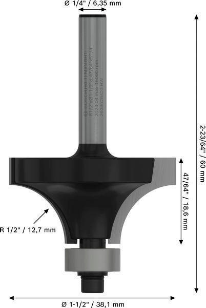 8000740077 - Detailbild3_Abrundfräser Radius 12,7mm Arbeits-L.18,6mm Schaft1/4Zoll D.38,1mm L.60mm BOSCH
