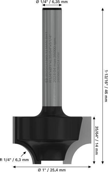 8000740078 - Detailbild_Profilfräser E Arbeits-L.14mm D.25,4mm L.46mm Schaft 1/4Zoll Radius 6,3mm BOSCH