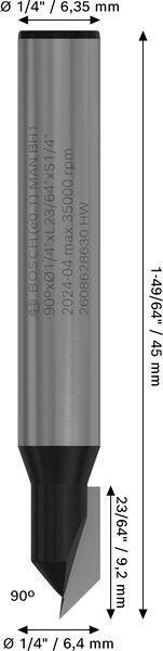 8000740083 - Detailbild5_V-Nutfräser Arbeits-L.9,2mm D.6,3mm L.45mm Schaft 1/4Zoll Winkel 90Grad BOSCH