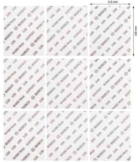 8004257877 - Detailbild_Schleifblatt-Set EXPERT W480 web Blattabm.115x140mm Körnung 120-320 BOSCH