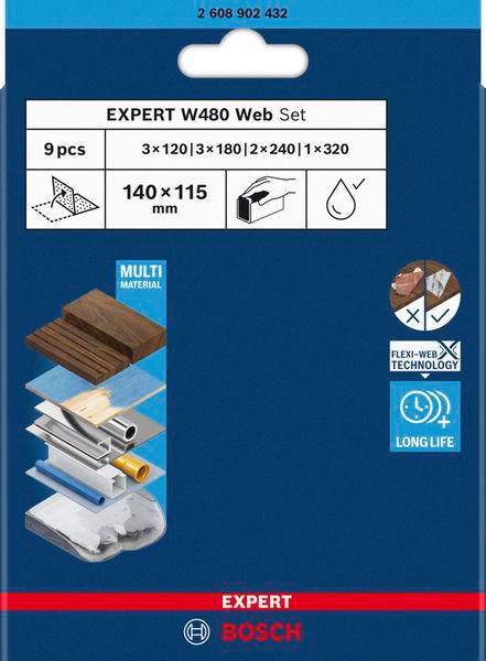 8004257877 - Detailbild2_Schleifblatt-Set EXPERT W480 web Blattabm.115x140mm Körnung 120-320 BOSCH