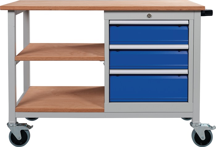9000426082 - Detailbild_Werkbank B1200xT540xH880mm Buche Multiplex lichtgrau/signalblau 3 Schubl.