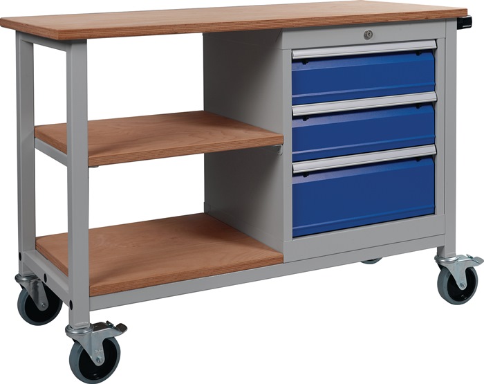 9000426082 - Detailbild2_Werkbank B1200xT540xH880mm Buche Multiplex lichtgrau/signalblau 3 Schubl.