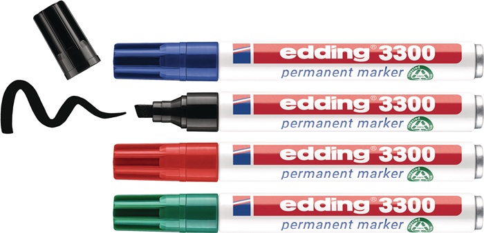 9000487626 - Detailbild_Permanentmarker-Set 3300 schwarz/rot/blau/grün Strich-B.1-5mm Keilspitze EDDING