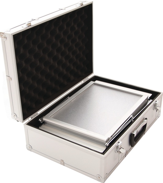 9000493696 - Detailbild_Prospektständer H1450xB270xT360mm Alu.silber Aluminium-Koffer 6 Fächer A4