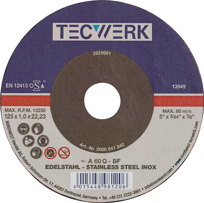[2000841241] TECWERK Trennscheibe INOX (115 mm, gerade, 1 mm, 13300 min-¹)
