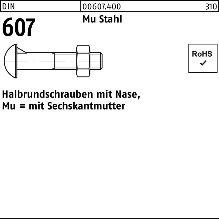 Halbrundschraube DIN 607 m.Nase/6-kantmutter