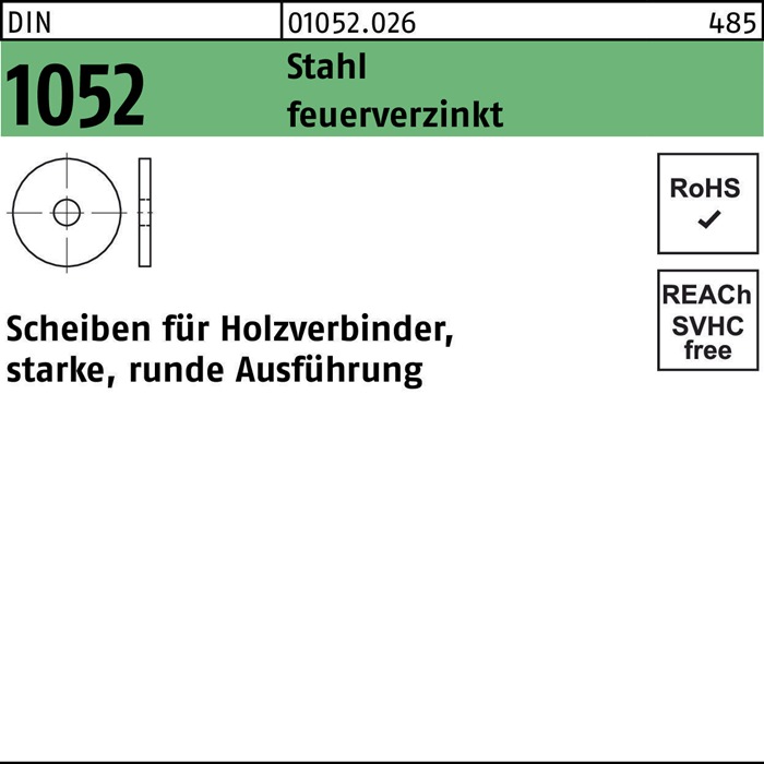 [001052002060140000] Unterlegscheibe DIN 1052 rund (Stahl, galvanisch verzinkt, 6 mm, 14 mm, 58 mm)
