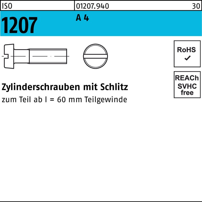 [001207940009030050] Zylinderschraube ISO 1207 m.Schlitz (50 mm, 3 mm, A 4, Ohne Oberflächenangabe, Ohne Formangabe)
