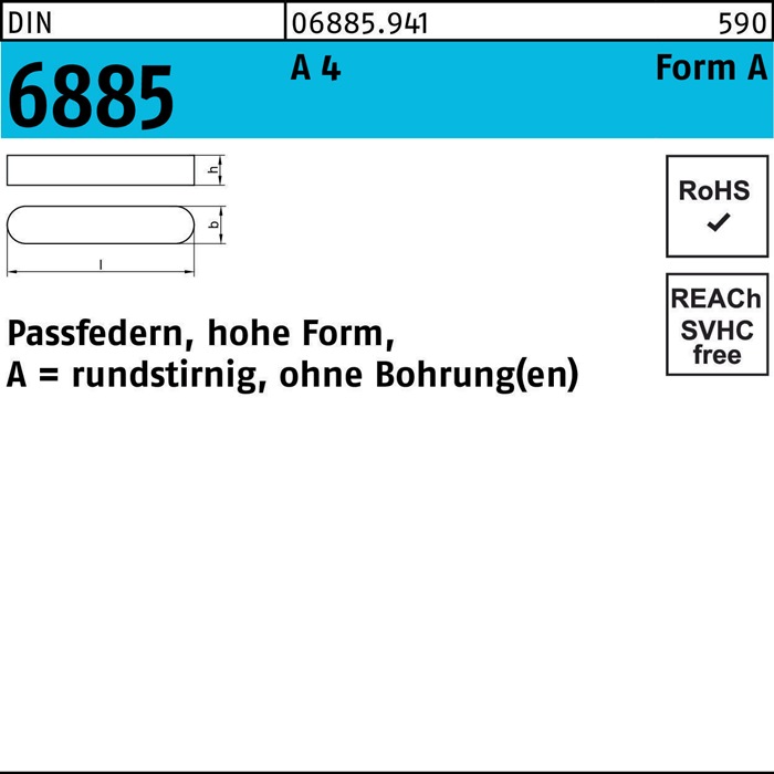 Passfeder DIN 6885 Form A rundstirnig/o.Bohrung