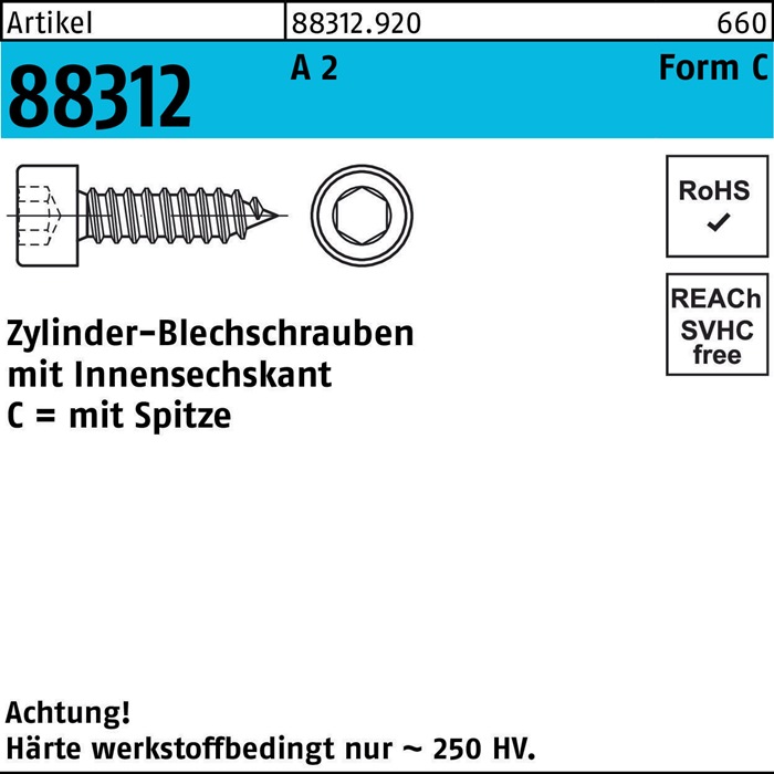 Zylinderblechschraube R 88312 m.Spitze/Innen-6-kant