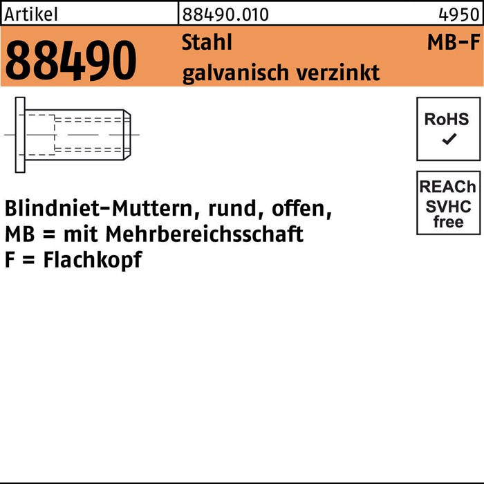 Blindnietmutter R 88490 Flachkopf