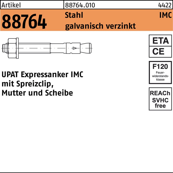 [088764001000060055] UPAT Expressanker R 88764 IMC (Stahl, M6, UPAT Expressanker IMC mit Spreizclip, Mutter und Scheibe, 6 mm, 40 mm)