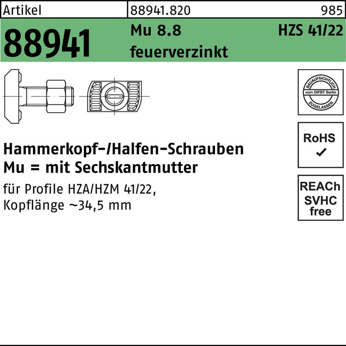 HALFEN Hammerkopfschraube R 88941 Typ HZS41/22 6-kantmutter