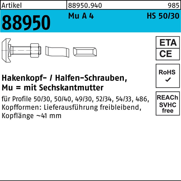 HALFEN Hammerkopfschraube R 88950 Typ 50/30 6-kantmutter