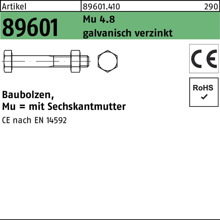 Baubolzen R 89601 CE 6-kantmutter
