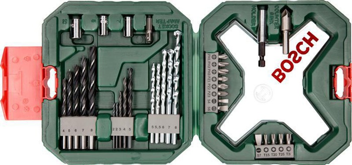 [2607010608] BOSCH Bohrer-Set X-Line Classic (5 HSS-Metallbohrer, Ø 2-5 mm 5 Steinbohrer, Ø 5-8 mm 5 Holzbohrer, Ø 4-8 mm 13 Schrauberbits L = 25 mm, 3 Steckschlüssel, Ø 7/8/10 mm 1 Adapter für Steckschlüssel 1 Universalhalter, magnetisch 1 Senker)