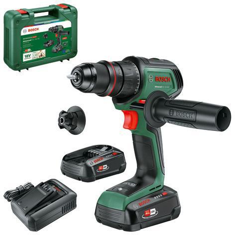 [8004039145] BOSCH Akku-Bohrschrauber AdvancedDrill 18V-80 QuickSnap (2 x Akku PBA 18V 2.5Ah · Austauschbares Metallbohrfutter · Winkelaufsatz · Exzenteraufsatz · Magnetkappe · Schrauberbit · Zusatzhandgriff · Ladegerät AL 18V-44 · Tragekoffer)