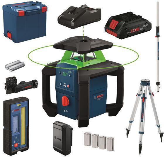 [8005327725] BOSCH Rotationslaser GRL18V-4-34CVG (Laser-Empfänger LR 45, Empfängerhalterung RB 45, 1 x Akku ProCORE18V 4.0Ah, Schnellladegerät GAL 18V-40, Akku-Adapter BA 18-C, 4 x 1.5 V LR14-Batterie (C), 2 x 1,5 V LR6-Batterie (AA), L-BOXX 374, Baustativ BT 170 HD, Messstab GR 240, ± 3,0 mm auf 30 m vertikal, ± 1,5 mm auf 30 m horizontal, ± 15 % (± 8,5°), 500 - 540 nm, 1 mW, 150/300/600 min-¹)