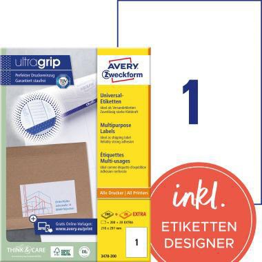AVERY ZWECKFORM Universaletikett Avery Zweckform ultragrip 210 x 297 mm