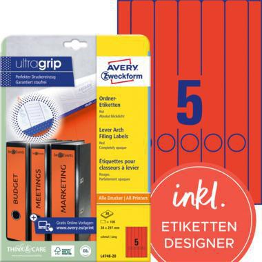 [9199114754] AVERY ZWECKFORM Ordnerrückenetikett Avery Zweckform ultragrip schmal/lang 38 (rot)