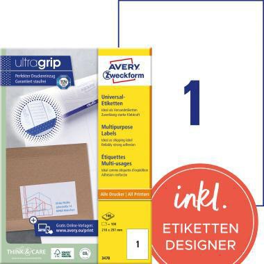 [9199114828] AVERY ZWECKFORM Universaletikett Avery Zweckform ultragrip 210 x 297 mm