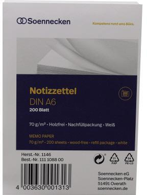 [9199115651] SOENNECKEN Zettelboxeinlage Soennecken DIN A6 70g/m² holzfrei weiß (DIN A6)